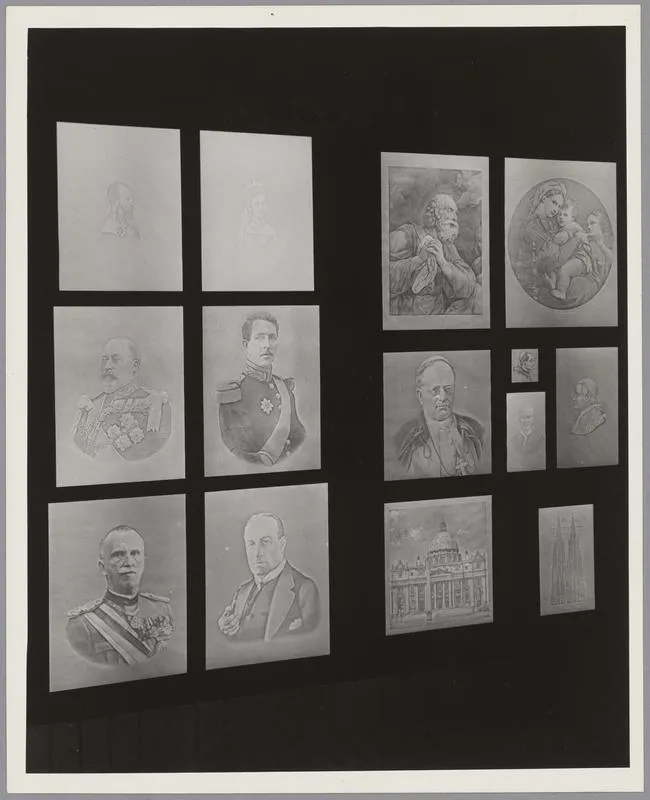 A detail of an exhibition in the Dard Hunter Paper Museum while it was at MIT. Shown are fourteen watermarked papers, some with portraits, paintings, and buildings