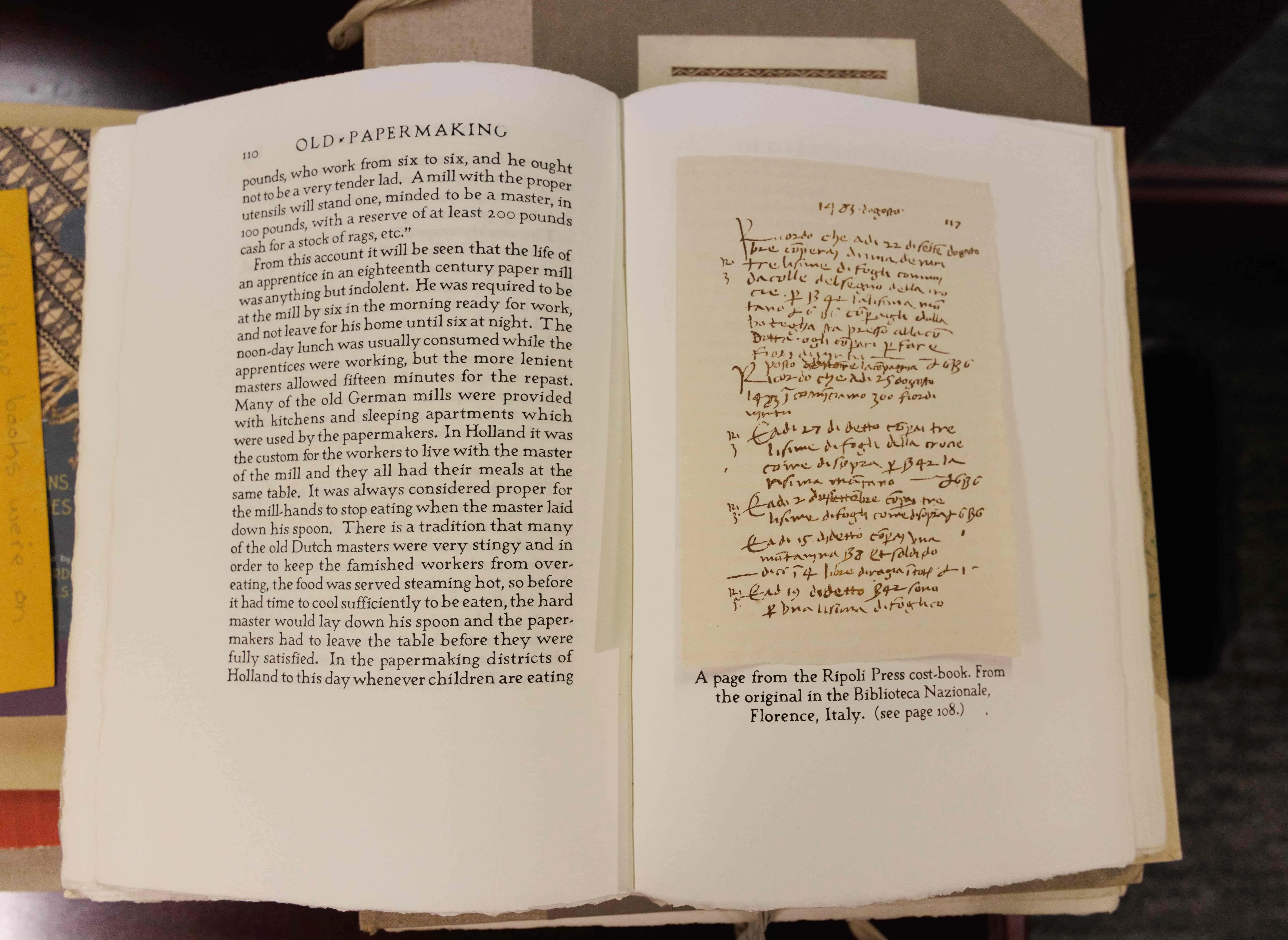 Sample from Hunter's book "Old Papermaking". Book open to a sample from the Riploi Press cost-book.