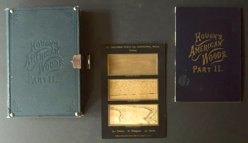 Volume 2 of Hough's American Woods laid on table. On left is the casing, in the center is a page for the American Chestnut, on the right is the specimen info booklet.